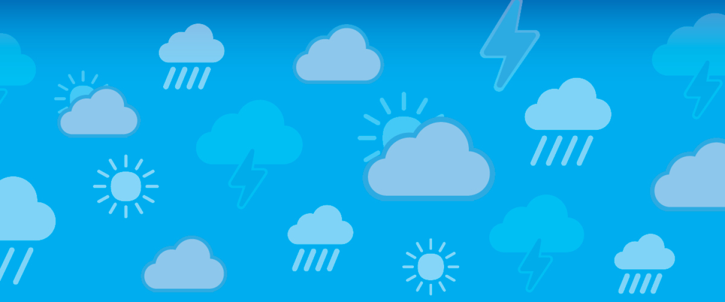 light blue background with lighter blue clouds and weather icons