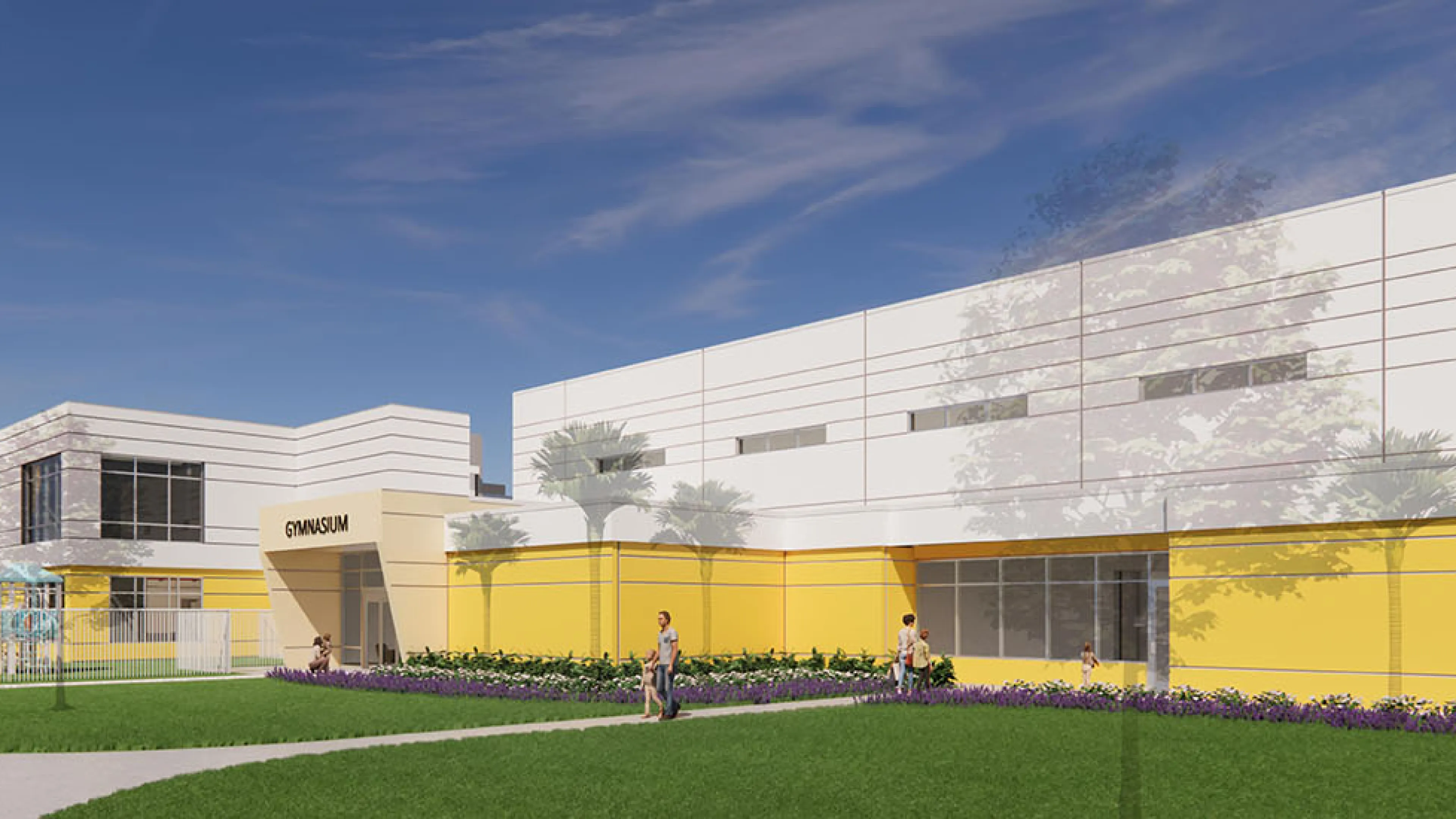 Gymnasium Exterior Rendering at the Spurlino Family YMCA at Big Bend Road.