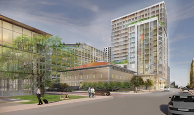 Rendering of development project in Tampa Heights including current and new buildings.View is from N Florida Ave. and E Oak Ave. The graphic shows people walking on side walks.